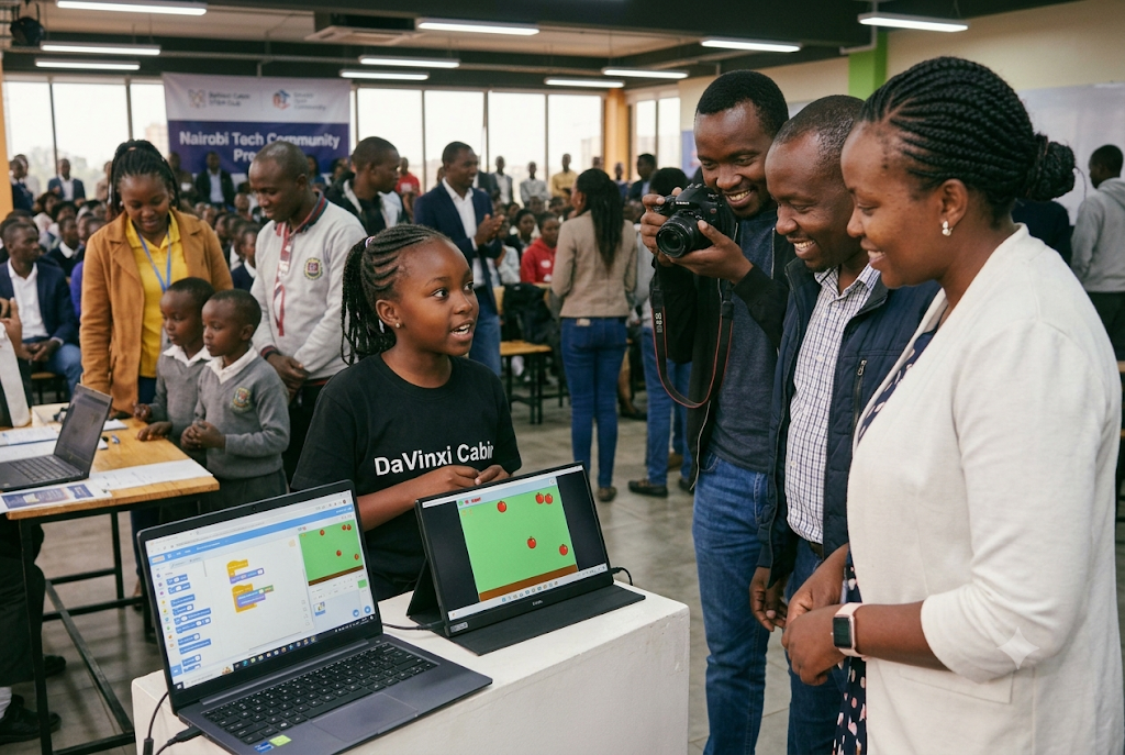 A camper walking parents through her coded game